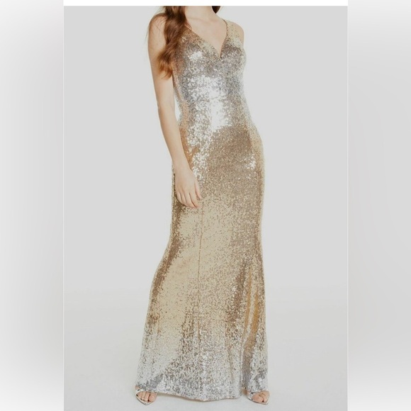 Crystal Doll Women's Juniors' Gold Silver Ombre Sequin V-Neck Gown Size 1 - Picture 1 of 6